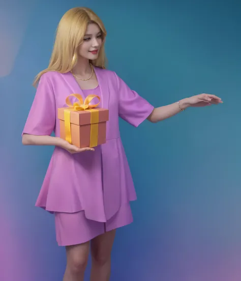 woman in a purple costume holding a present, present box,, blonde woman  in pink costume  holding a red and yellow present, rim light, realistic, young blonde woman, 4k, realistic, rim light, high resolution, shiny hair straight, Her outfit shines under th...