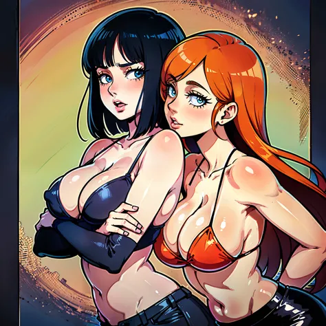 Nico Robin with Nami from one piece kissing, masterpiece, kissing, two girls, big breasts, bikini, bangs, One Piece, stripping, colored box background, big breasts, cleavage,  out, undressing, black hair, orange hair