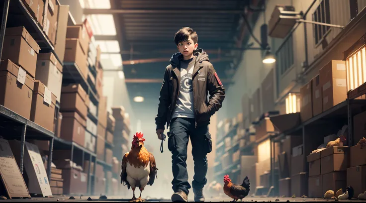 A little boy was standing in a cyberpunk technology factory with lots of cute chickens, chickens, stuffed chickens --auto --s2