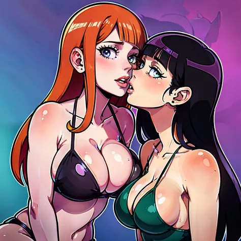 Nico Robin with Nami from one piece kissing, masterpiece, kissing, two girls, big breasts, bikini, bangs, One Piece, stripping, colored box background, big breasts, cleavage,  out, undressing, black hair, orange hair