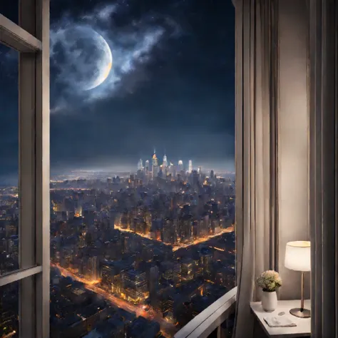 finest image, 8k, RAW photo, realistic, detailed, delicate, flashy and dynamic depiction, the dazzling night view of the downtown area of ​​a big city seen from the window of a high-rise apartment, the pale moon, the starry iridescent sky, and fantasy, art