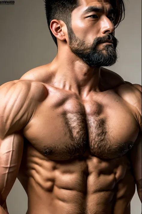 chest muscle，musculature，asian man，lbeard，Pubic hair shows through，The erection