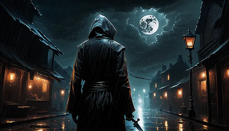 Illustration of a secret base with intricate details, subtle lighting elements, Profile and portrait are too far apart, radiant cooling street, An assassin with a nervous expression, hiding his anger in his chest., Holds a dagger carved with madness, Walk ...