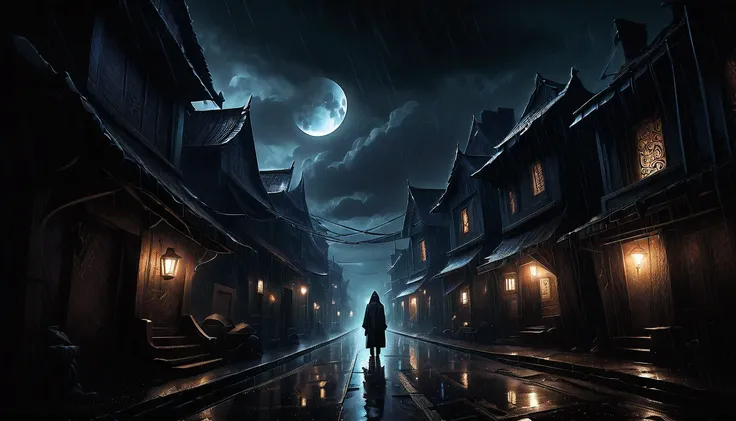 Illustration of a secret base with intricate details, subtle lighting elements, distance profile, radiant cooling street, An assassin with a nervous expression, hiding his anger in his chest., Holds a dagger carved with madness, An atmosphere of beauty lik...