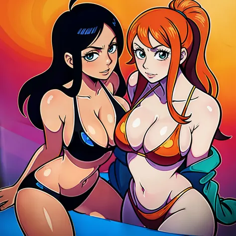 Nico Robin with Nami from one piece kissing, masterpiece, kissing, two girls, big breasts, bikini, bangs, One Piece, stripping, colored box background, big breasts, cleavage,  out, undressing, black hair, orange hair