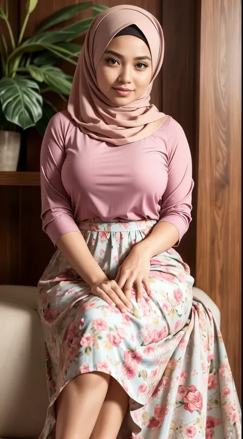 ( Close Up),RAW, Best quality, high resolution, masterpiece: 1.3), beautiful Malay woman in hijab,Masterpiece, perfect fit body, (big breast),big gorgeous eyes, Soft smile,thick thighs, beutifull face, woman sitting in a floral skirt and red shirt posing f...