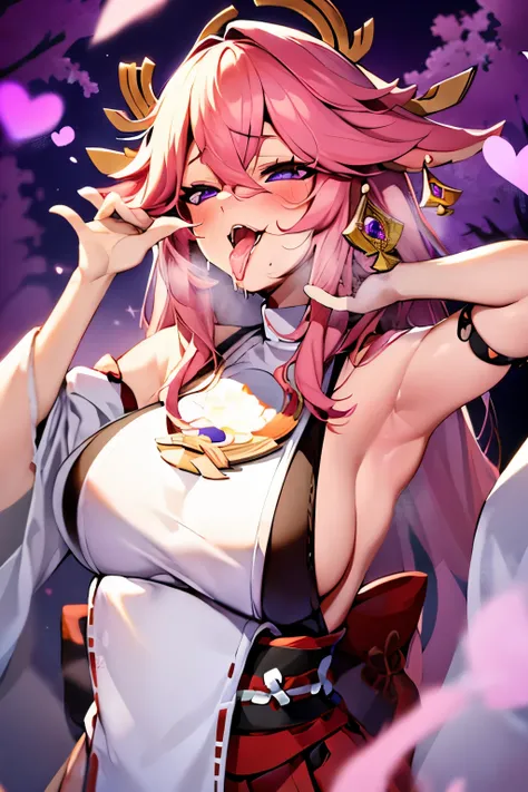 (suggestive:1.7),(corruption),1yae miko,(japanese clothes),dripping, pink hair,purple eyes,blush,upper body,(ahegao:1.5),(naughty face),collarbone,trembling, heart,skindentation, (crazy:1.3),(speed lines),sun, hotspring