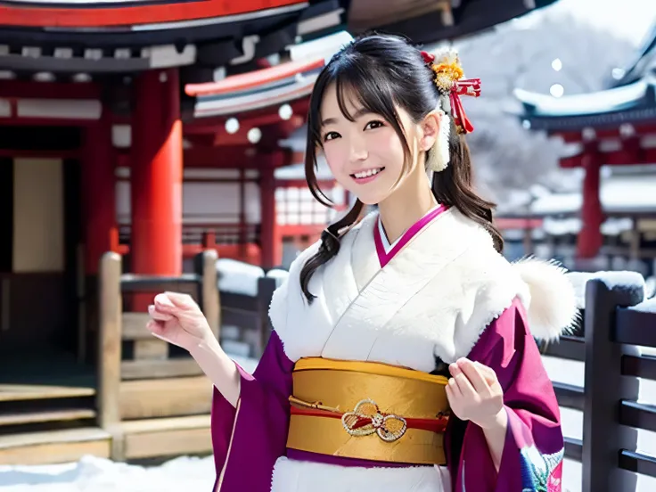 Scenery of the shrine、(blurry backround:1.1)、New Year、initial、1 moon、in a crowd of people、Cold days、jpnの女性、18year old、Smiling smile、There&#39;s a little snow left、Top resolution 、superlative degree、A Japanese style、Vivid、colourfull、hiquality、jpn、colourfull...