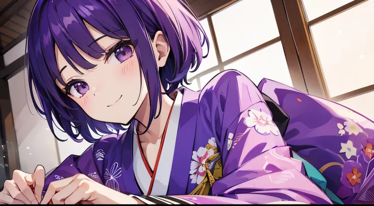 (tmasterpiece，4k wallpaper，best qualtiy))、((girl with１a person))、(独奏)、Brilliant，(Purple hair)、short-cut、a smile、close up of face、traditional Japanese room、kimono、January