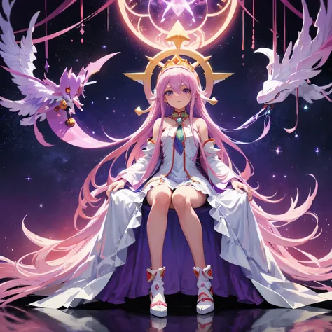 cosmic background　sitting in a throne　woman in white dress with long purple hair, humanoid pink female squid girl, full body white purple cloak, 『Digimon』Angeumon, flowing white robes, Madoka Kaname, codeGeass, visual novel sprite, purple eyes and white dr...