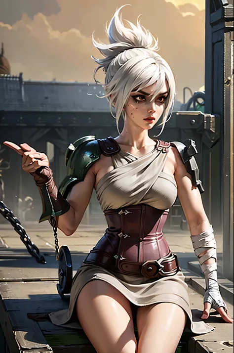 (Masterpiece:1.2), best quality, (illustration:1.2), (ultra-detailed), riven (league of legends), 1girl, folded ponytail, short dress, single pauldron, corset, white hair, sitting, upper body, cowboy shot