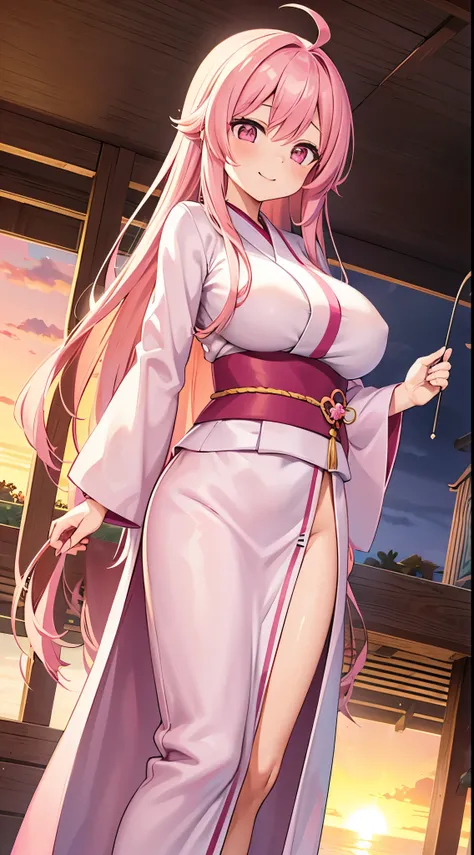 1 girl, game cg, pink long kimono, kanzasi, gigantic breasts, pink hair, long hair, straight hair, ahoge, pink eyes, happy, blush, dynamic, sunrise,