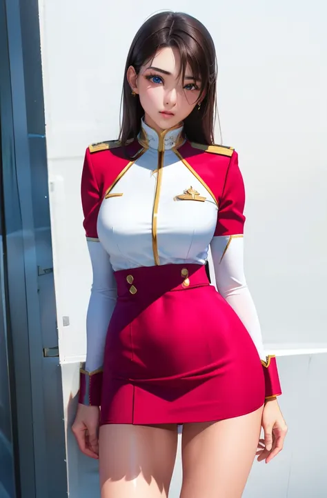 1girl in, sayla mass, elegant, masutepiece, convoluted, army pink uniform dress with a super miniskirt so short you can almost s...