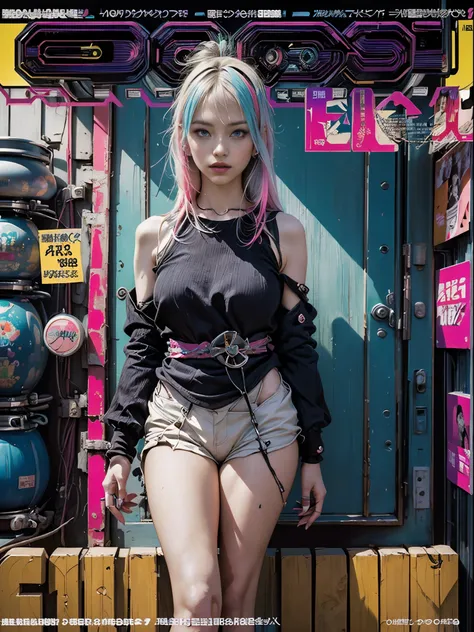 Flowing_contour biomechanical__cybernetic_airbrush___Strange__(((Japanese Harajuku style Fashion_((((Magazine_cover), bright colors)))__art_decor_Border)))__porcelain_and_Platinum / Futuristic Cyberpunk woman with porcelain skin, (cybernetic implants.)