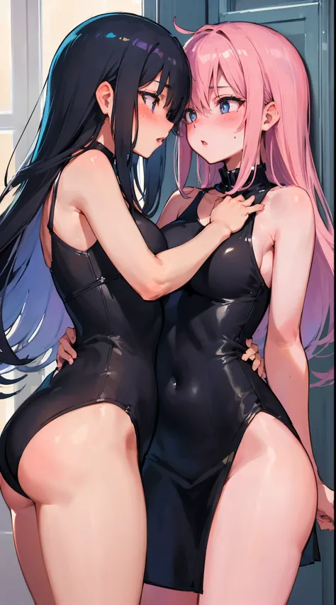 Masterpiece, ((2 young women kissing each other)), ((cowboy_shot, standing)), ((ultra-detailed eyes)), ((healthy skin, blushed)), perfect anatomy, blowjob, sleeveless.