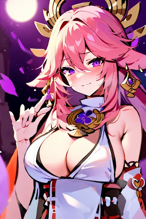 (suggestive:0.9),1yae miko,(japanese clothes), pink hair,purple eyes,blush,upper bodybig breasts,(naughty face) heart,skindentation, (heart eyes),(speed lines),sun, hotspring