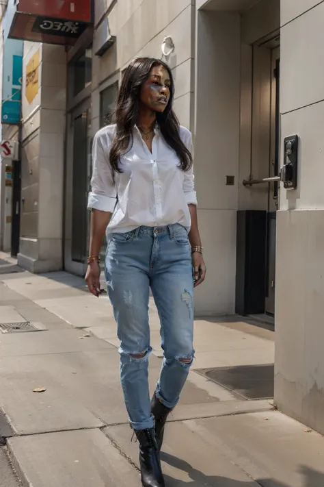 Full Body Ebony woman wearing White shirt, Blue jean pants and black high heel boots