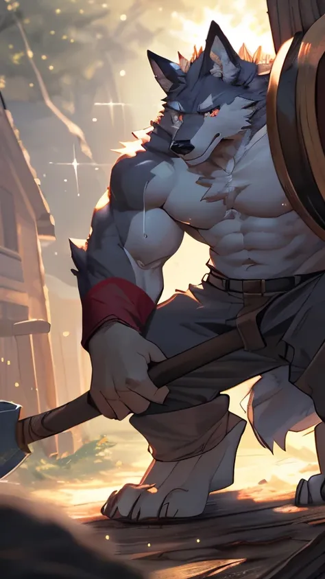 (wolf), anthro, male, (white body), fur, tail, muscles, muscular male, muscular anthro, handsome, growling, rough look, aged up, middle age, depth of field, perfect lighting, bright lighting, (light particle),(masterpiece),(extremely detailed),sharp focus....