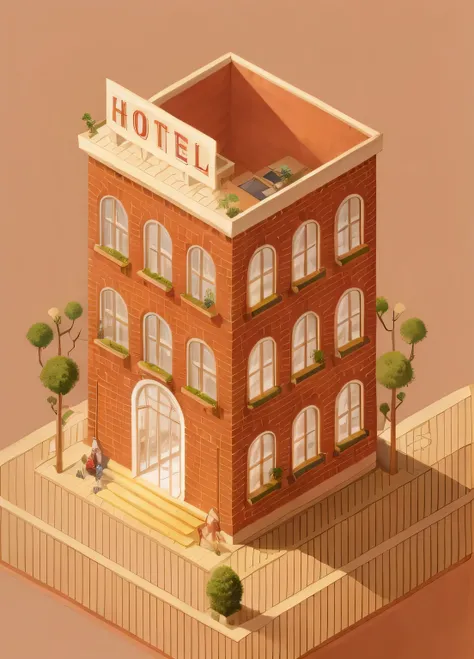 a red brick buliding with a sign that says Hotel, Flat illustration, Isometric house, Isometric plot, Inspired by Emiliano Ponzi, Isometric plot fun, buliding, higher detailed illustrations, Flat, Hotel, Commercial illustration, Hotel room, high detail ill...