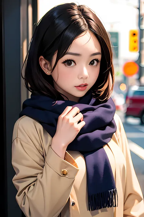 Asian woman is posing for the camera while holding a scarf over her chest, 1girl in, Solo, Realistic, Brown eyes, Looking at Viewer