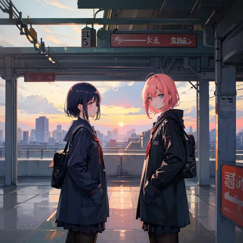 School Uniform、subway、station、murky、Detailed landscapes、Nostalgic、独奏、wide、stationのホーム、Sunset、train track、parka