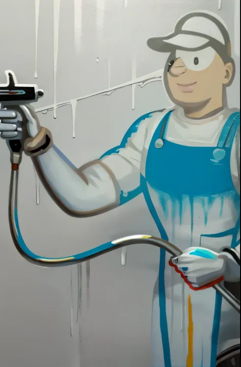 a cartoon man in overalls holding a spray gun and spraying, professional painting, high quality painting, smooth painting, ditigal painting, smooth paint, surface painter, painters, oill painting, paiting, best painter in the world, spraying liquid, oft pa...