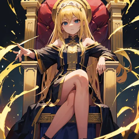 blade background　sitting in a throne　Greek-style clothing　7、A blonde girl around 8 years old