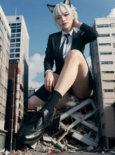 Tokyo, Japan, Giantess, wolf ear, white hair, red eyes, Light frown, Looking down, sky, Sheer white shirt, Black skirt, black lence stockinglock sunlight, high-heels, Raise your feet, disrupt, buildings collapsed1个Giant Breast Girl, 16 yaers old, Full body...