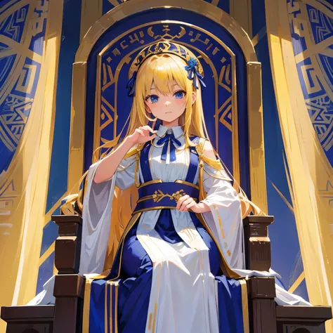 textile of destiny background　sitting in a throne　Greek-style clothing　7、A blonde girl around 8 years old