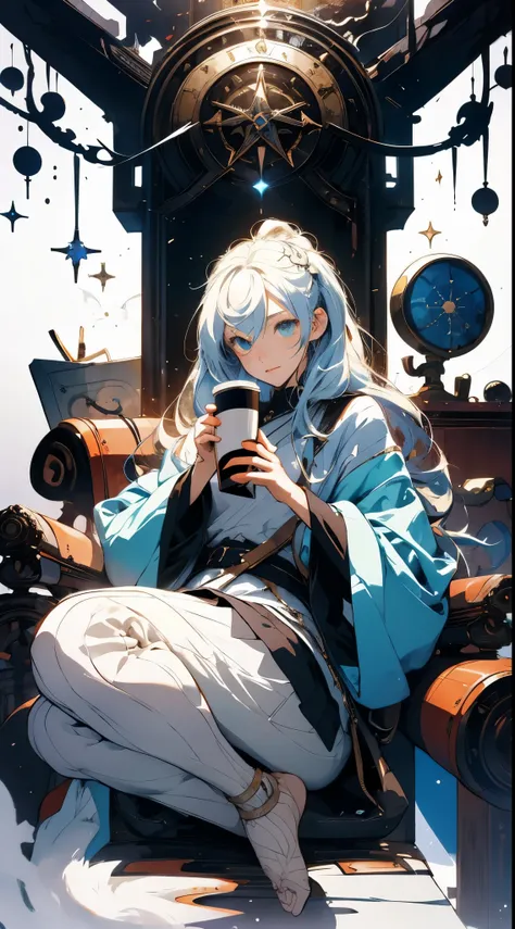 Anime girl sitting on chair with coffee cup in hand, alchemist girl, light novel cover art, offcial art, epic light novel art cover, offcial artwork, epic light novel cover art, change, off-world, small curve change, Kushat Garland, Kushat Kulenz Critical ...