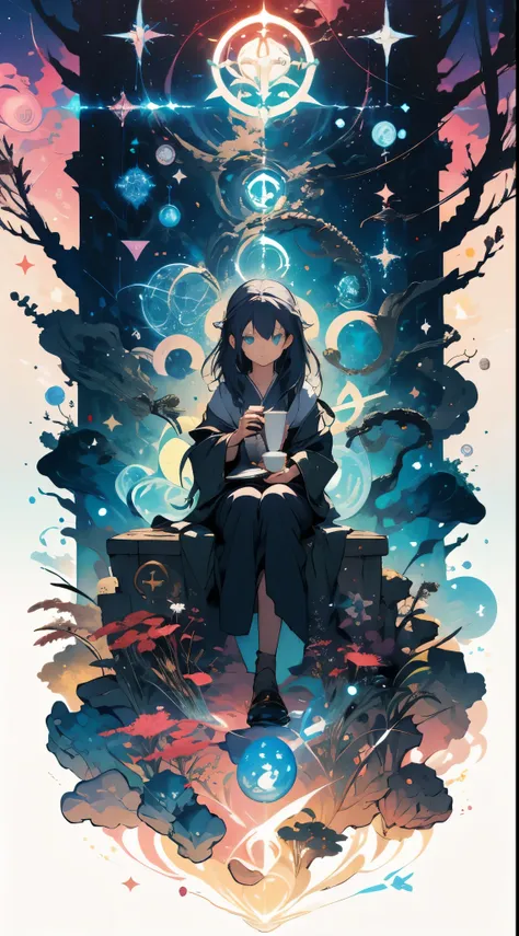 Anime girl sitting on chair with coffee cup in hand, alchemist girl, light novel cover art, offcial art, epic light novel art cover, offcial artwork, epic light novel cover art, change, off-world, small curve change, Kushat Garland, Kushat Kulenz Critical ...