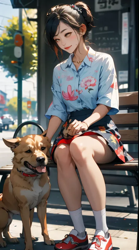 Best quality at best, A woman sits on a bench , 夏天_a skirt, dogs printed in the a skirt