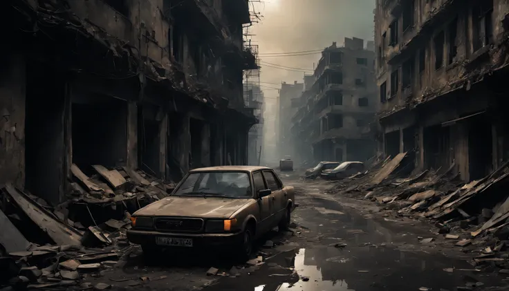 night view of city destroyed by war，dystopian landscape，broken buildings，crumbling infrastructure，smoggy sky，ominous atmosphere，...