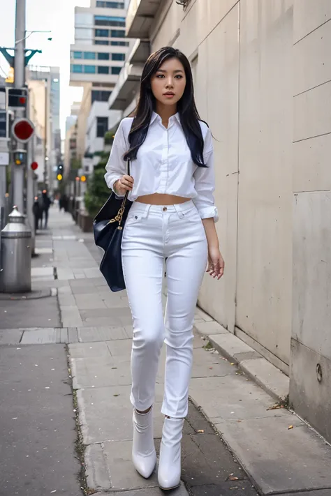 full body asain woman wearing white shirt, blue jeans pants and high heel boots