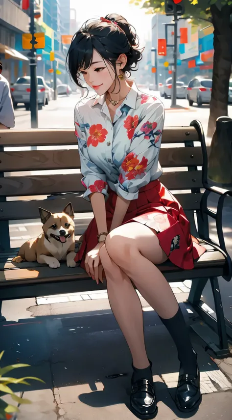 Best quality, A woman sits on a bench , 夏天_a skirt, dogs printed in the a skirt