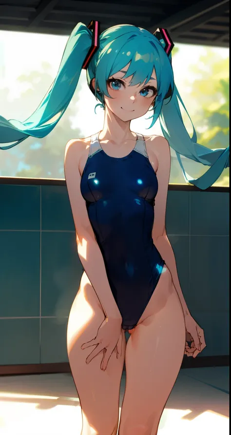 (master piece), (best quality), (4k definition), (anatomy; perfect), Hatsune Miku character, 1 girl, fair skin, blue eye, blue hair), (Locks, bangs), hair tied on both sides , (hair lighting effects), eyebrow, nose, ear, tight mouth, smile, (bright skintig...