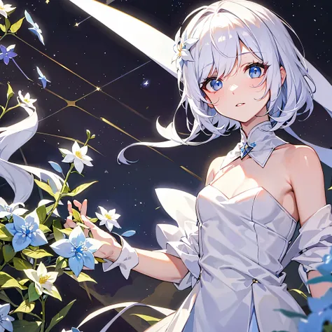 Constellation flower with white hair and blue eyes