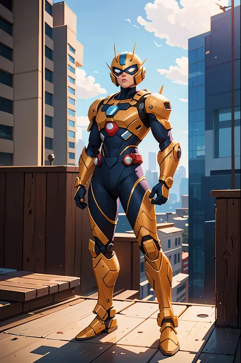 A super  a high-tech biotech battle suit, standing on a rooftop, looking over the city, Japanese tokusatsu and American comic style, biometallic texture of the suit, sleek and shiny, dynamic, fast, natural light, cinematic, high quality, high resolution, h...