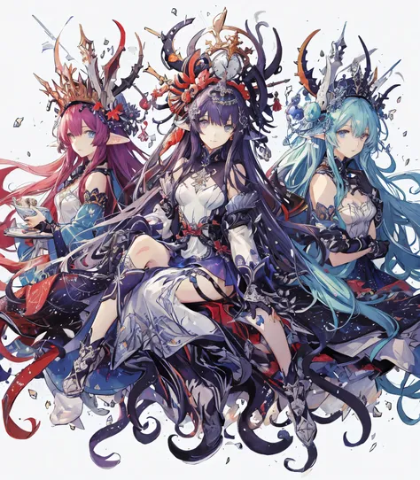 Three women with long hair and colorful eyes sit on a pile of hair。, !5 three eyed goddesses, by Yuumei, Anime fantasy artwork, best Anime 4k konachan wallpaper, Fine details. Anime. tentacles, Anime monster girl, Anime fantasy illustration, With multiple ...