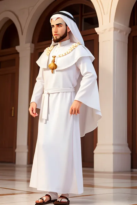 young man with a short medium beard and curly hair he is white muslim arab wearing white abaya and palestine keffiya on his head