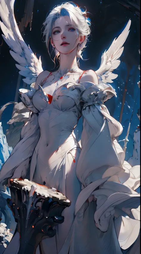 Nero、blanche、blue、rot,(Best quality at best, ultra - detailed, A high resolution, extremely detremely detailed CG),wide wide shot,Dead angel standing on the edge of the cliff,She is beautiful,She loves blood and the sea,Blood rain, mistic,Fanatics, iintric...