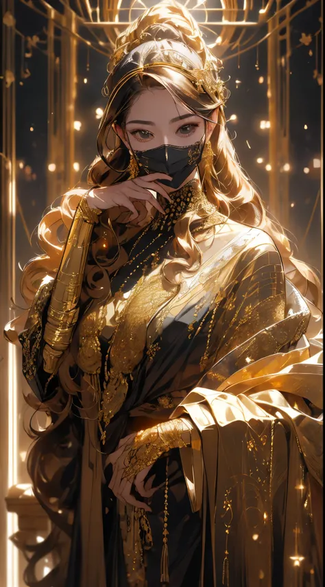 有着meticuloso的长卷发、Curly and elegant supermodel, Dressed in gold (Translucent and delicate embroidery) (Metal surgical mesh mask) Para cobrir seu rosto, ((The mouth is covered)), wearing strange future fashion,  Luxurious and intricate gold accents, cinemati...