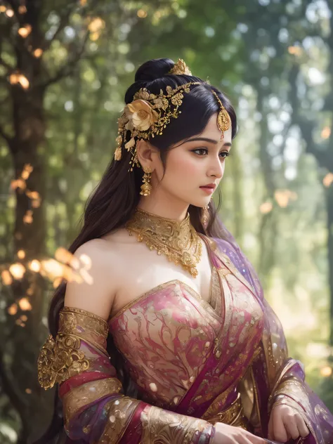 Face mix of Anushka Shetty and Nayanthara, a masterpiece ultrarealistic ultradetailed portrait of a beautiful girl in incredible goledn armor. baroque renaissance. in forest. medium shot, intricate, elegant, highly detailed. trending on artstation, digital...