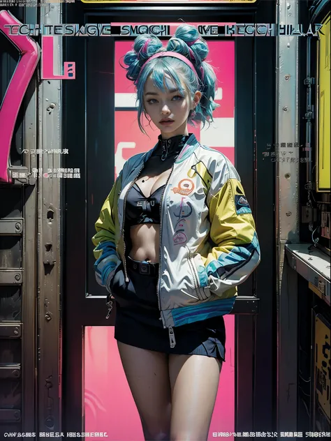 Flowing_contour biomechanical__cybernetic_airbrush___Strange__(((Japanese Harajuku style Fashion_((((Magazine_cover), bright colors)))__(tech jacket with corporate logos), art_decor_Border)))__glowing LED lights, porcelain_and_Platinum / Futuristic Cyberpu...