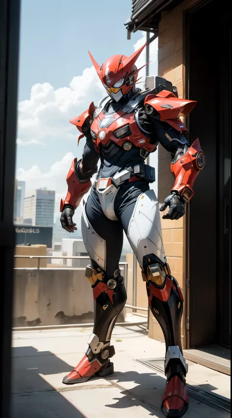 A super  a high-tech biotech battle suit, standing on a rooftop, looking over the city, Japanese tokusatsu and American comic style, biometallic texture of the suit, sleek and shiny, dynamic, fast, natural light, cinematic, high quality, high resolution, h...