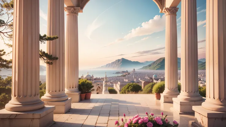 create a photo backdrop image of a scene with flowery Greek columns, high quality, fine details, vivid colors, luxury photo studio style, 8k, --auto --s2