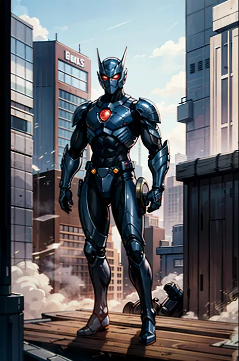 A super a high-tech biotech battle suit, standing on a rooftop, looking over the city, Japanese tokusatsu and American comic style, biometallic texture of the suit, sleek and shiny, dynamic, fast, natural light, cinematic, high quality, high resolution, hi...