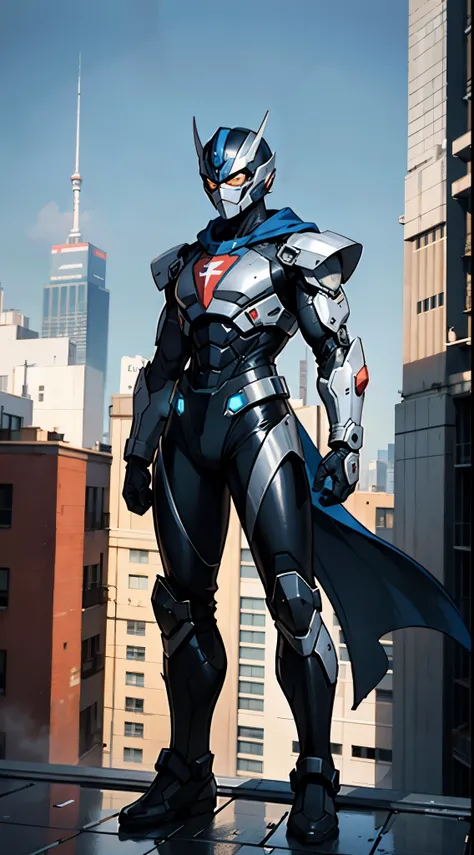 A super a high-tech biotech battle suit, standing on a rooftop, looking over the city, Japanese tokusatsu and American comic style, biometallic texture of the suit, sleek and shiny, dynamic, fast, natural light, cinematic, high quality, high resolution, hi...