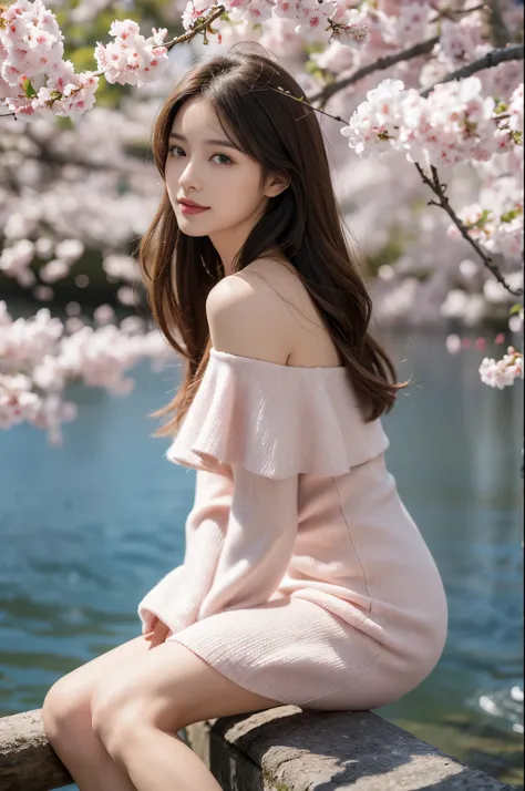 8K，winning artwork，dynamicposes，1 girl，Detailed eye details，looking at the viewer only，ssmile，Long brown hair，perfect body figure，off the shoulder dress，sitting down，cherry tree，Background with.cherry tree下的宁静景色, petals gently floating down，like soft pink ...