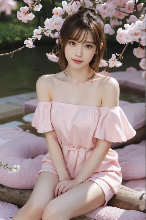 8K，winning artwork，dynamicposes，1 girl，Detailed eye details，looking at the viewer only，ssmile，Brown hair long，perfect body figure，off the shoulder dress，sitting down，perfectly correct anatomy，cherry tree，Background with.cherry tree下的宁静景色, petals gently flo...